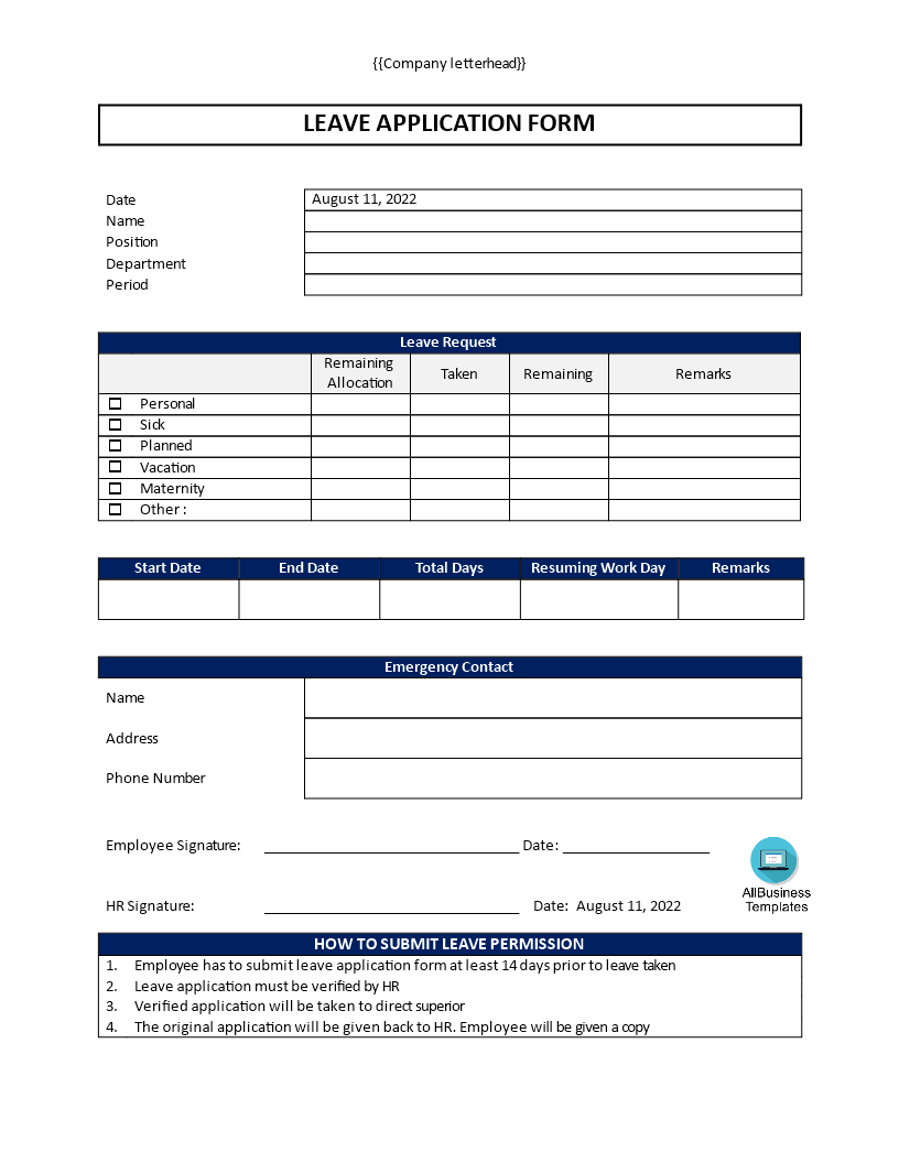 leave application format for employee template