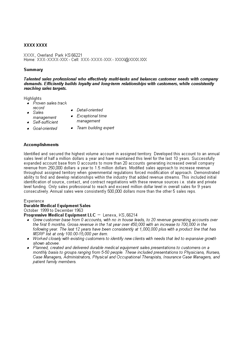 Medical Equipment Sales Resume main image