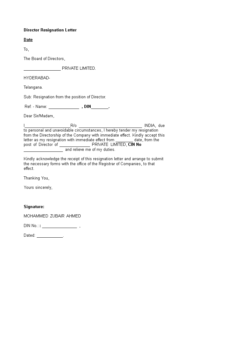 Director Resignation Letter in Word Templates at