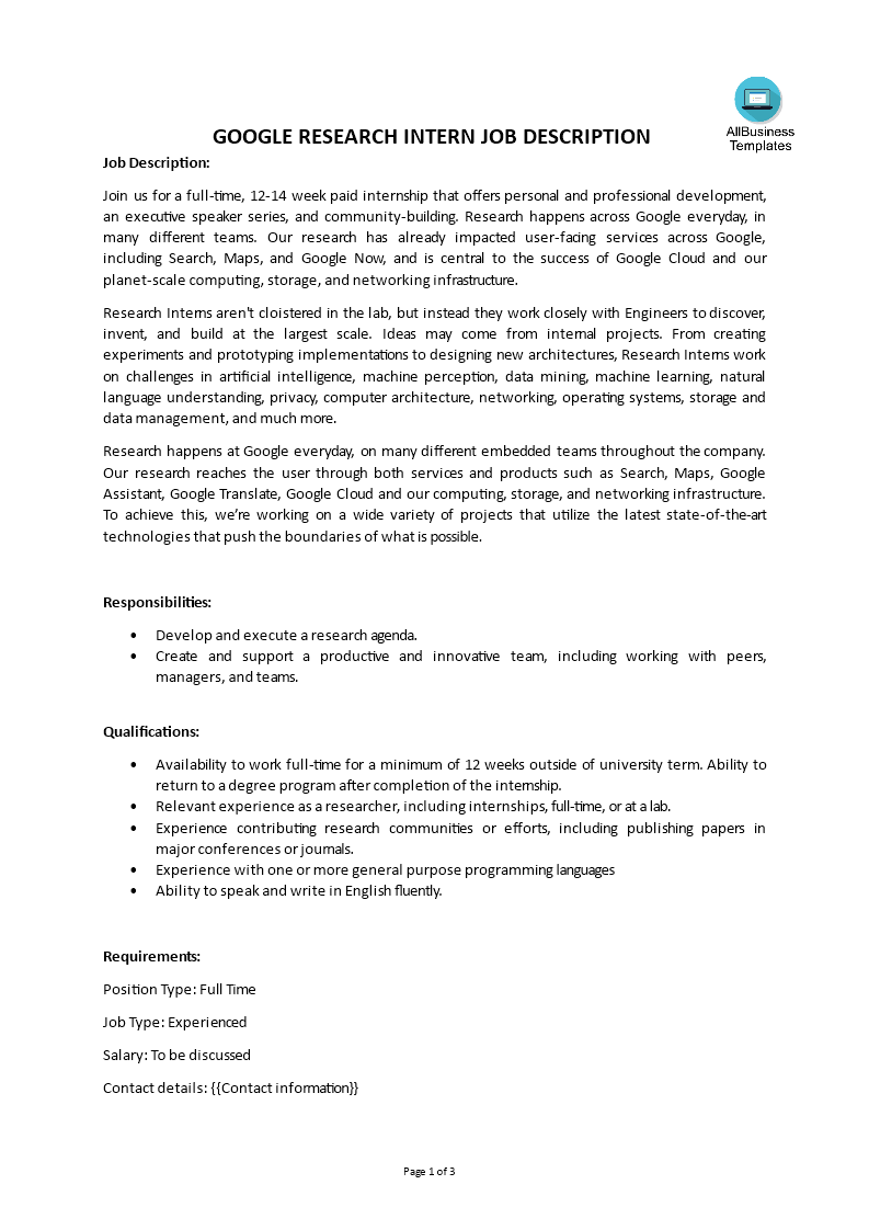 google research intern job description Hauptschablonenbild