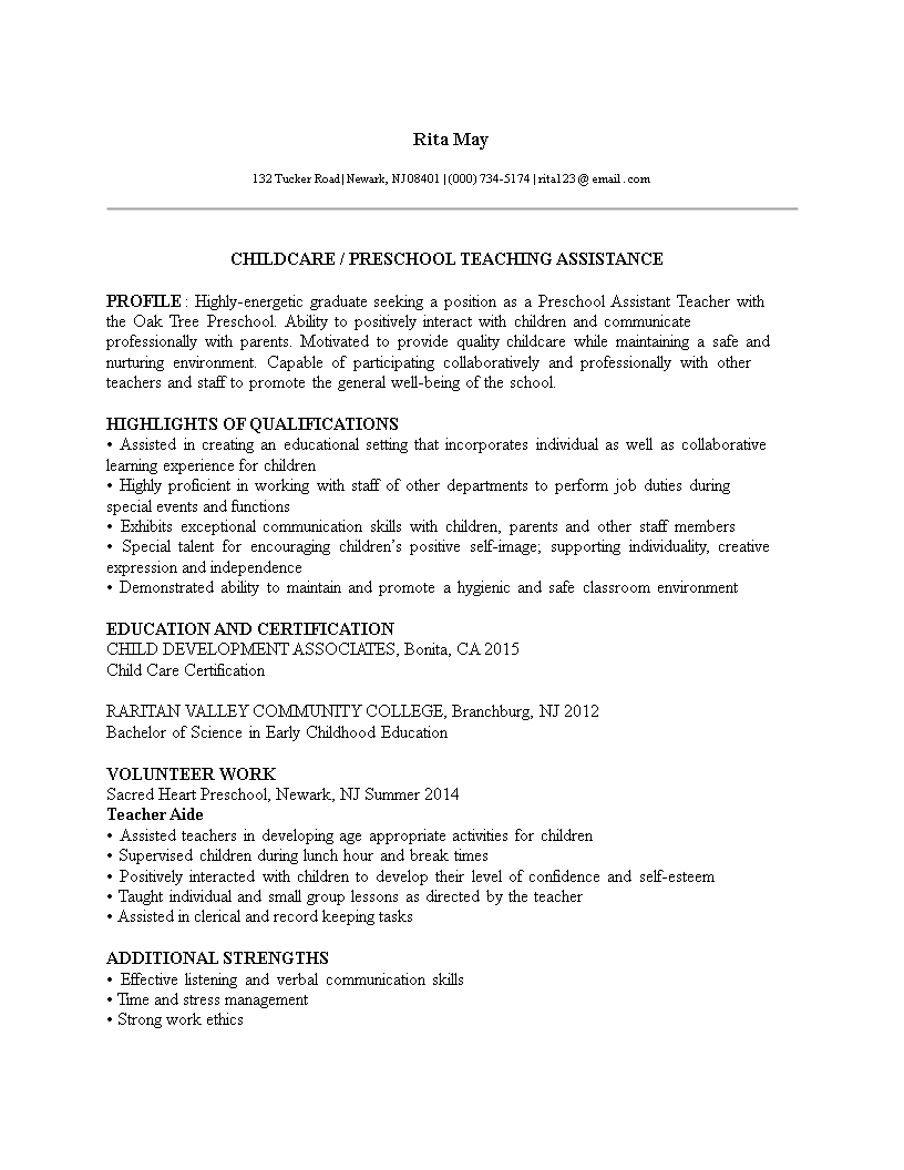 assistant preschool teacher resume modèles