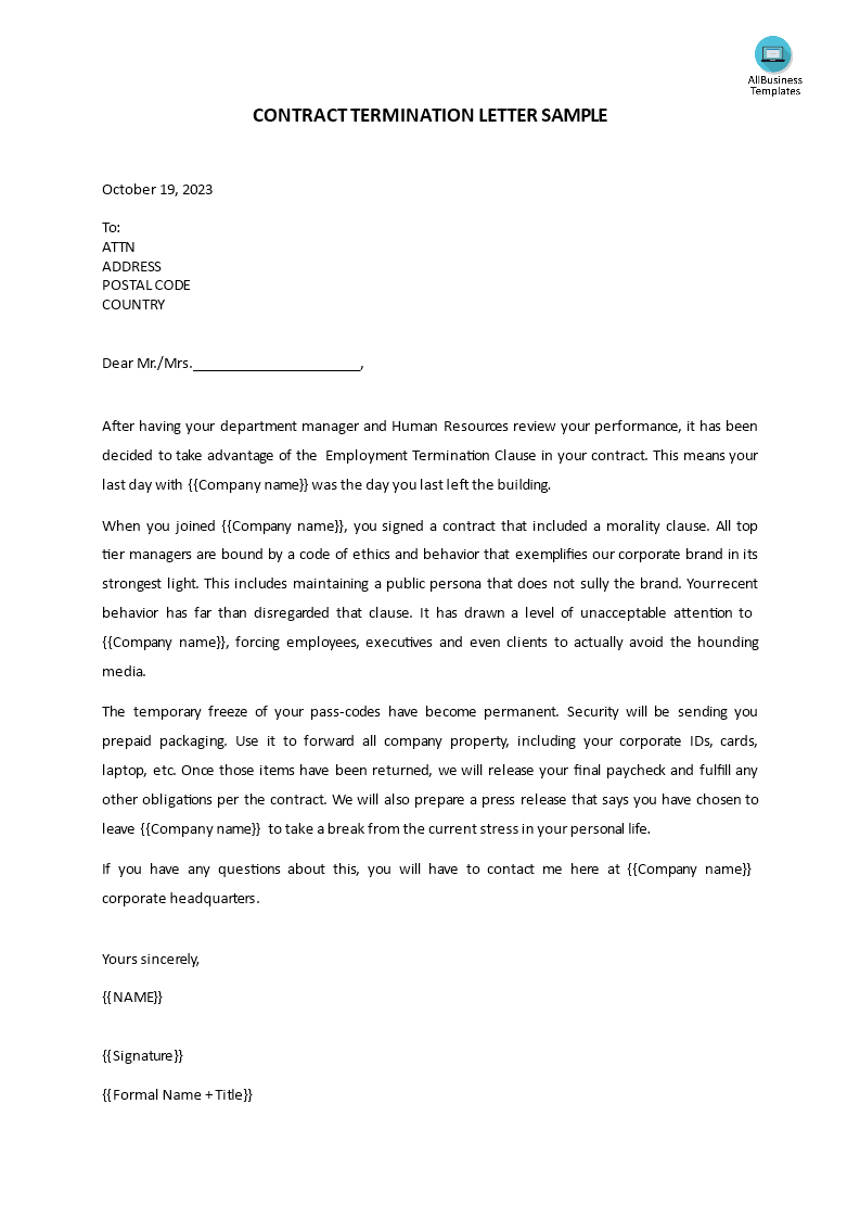 termination of contract letter template