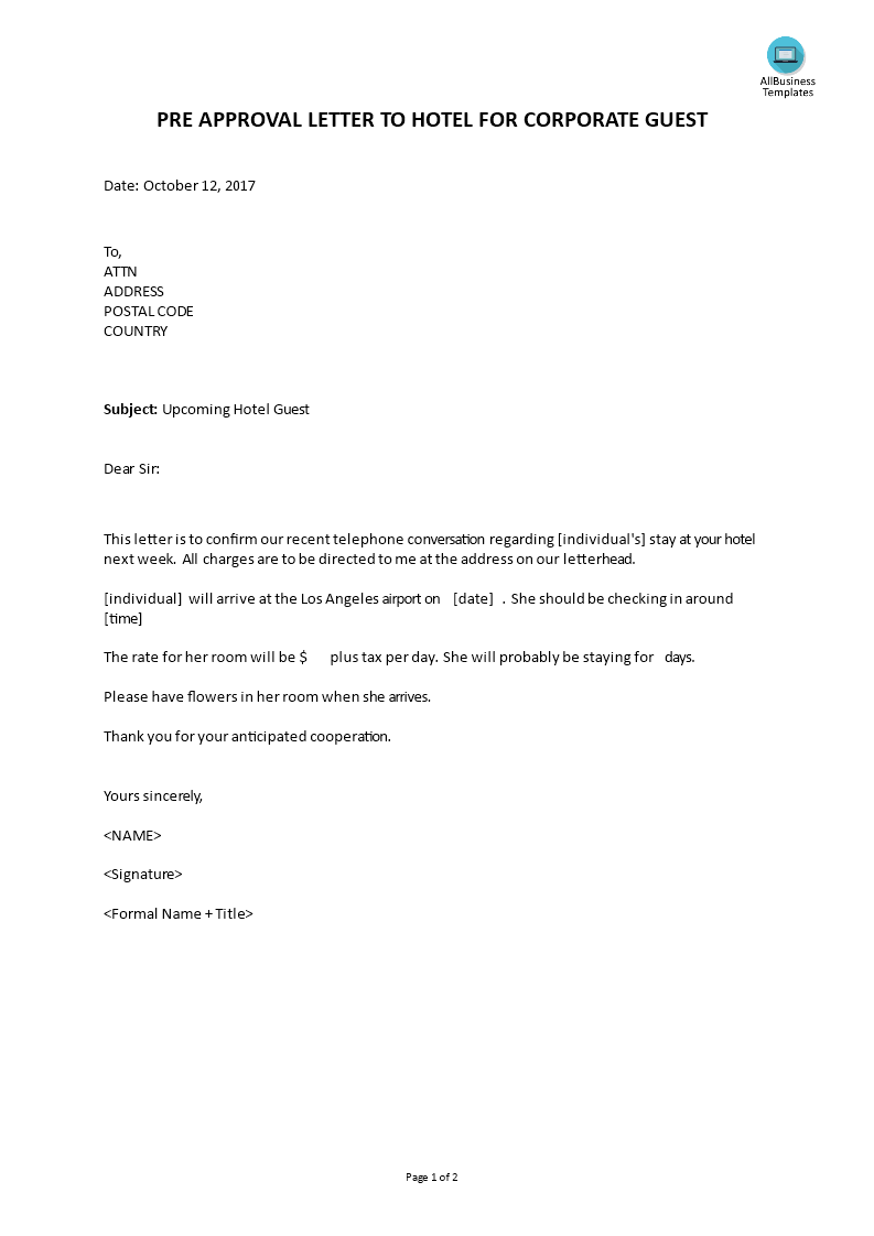 Pre Approval Letter To Hotel For Corporate Guest main image