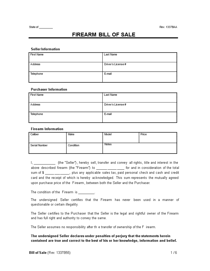 Bill Of Sale for Firearm Example main image