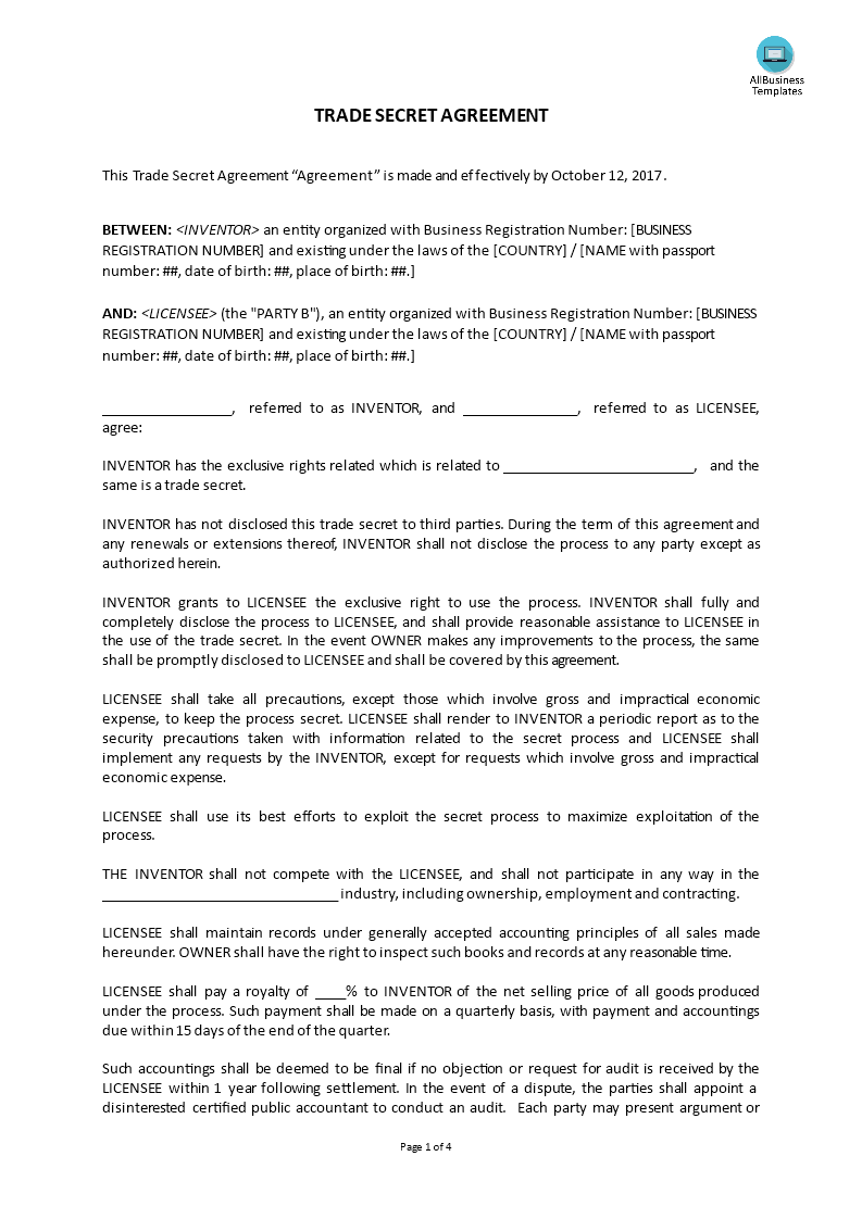 trade secret agreement template