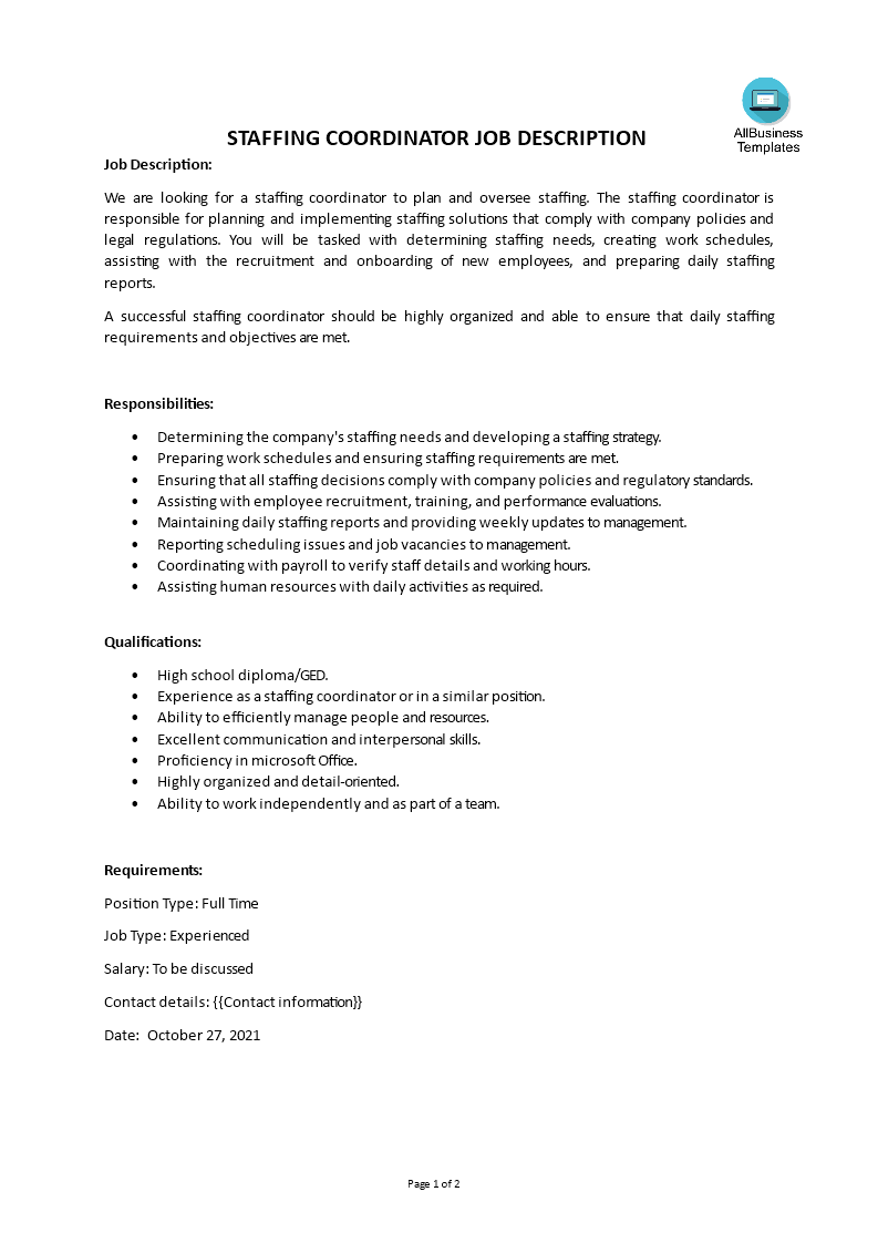 staffing coordinator job description voorbeeld afbeelding 