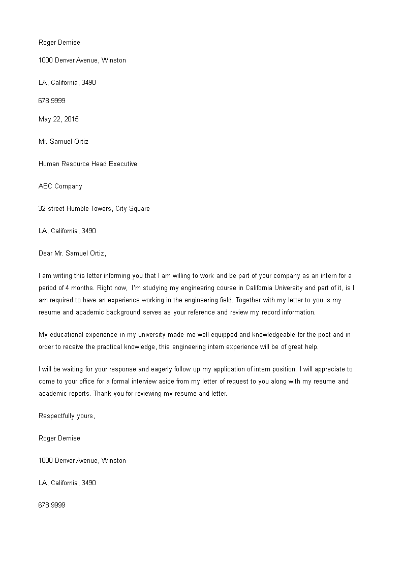 engineering internship application cover letter example template