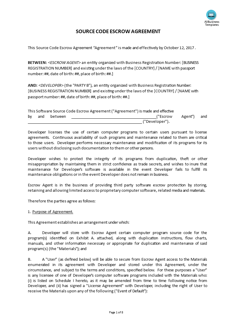 Source Code Escrow Agreement main image
