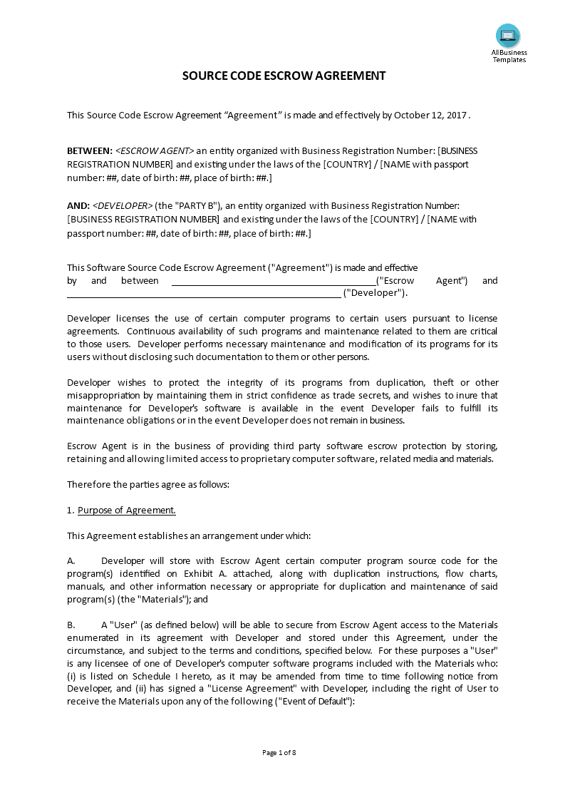 source code escrow agreement voorbeeld afbeelding 