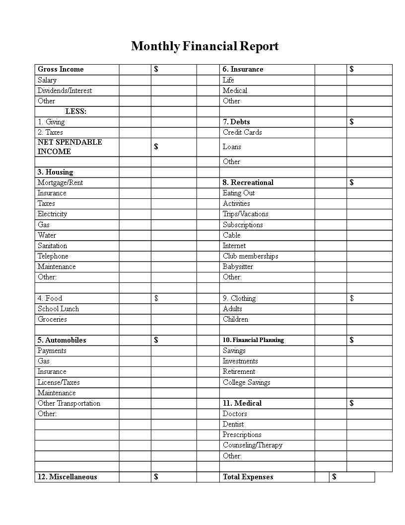 financial report monthly modèles