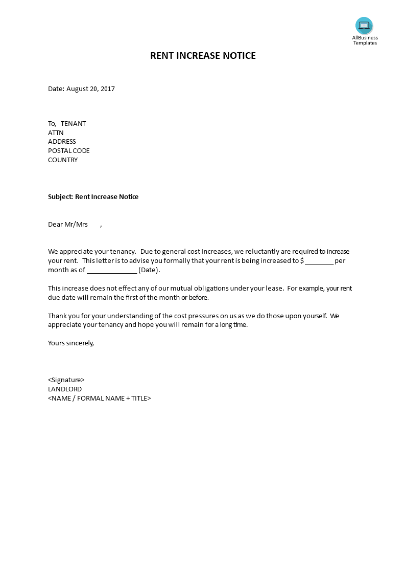 Rental Increase Letter To Tenant from www.allbusinesstemplates.com