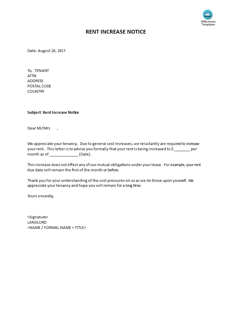 Landlord Rent Increase Letter from www.allbusinesstemplates.com