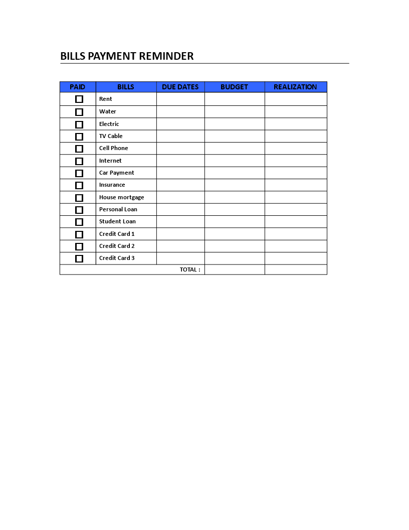 bills payment reminder table template