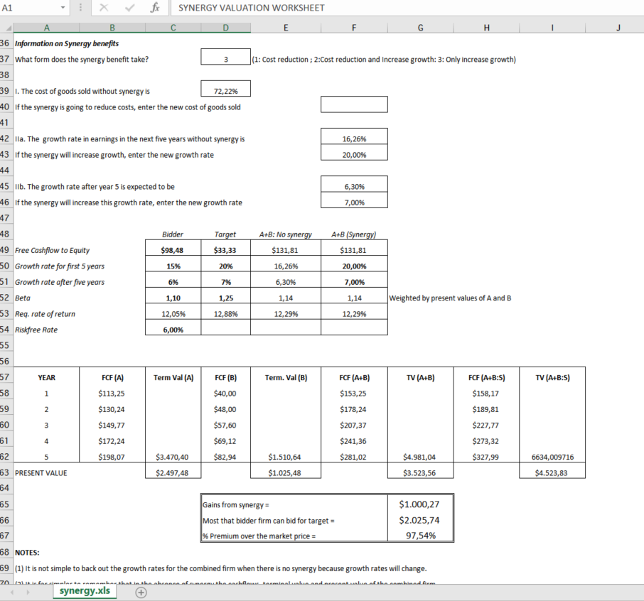 firm synergy valuation worksheet xlsx template