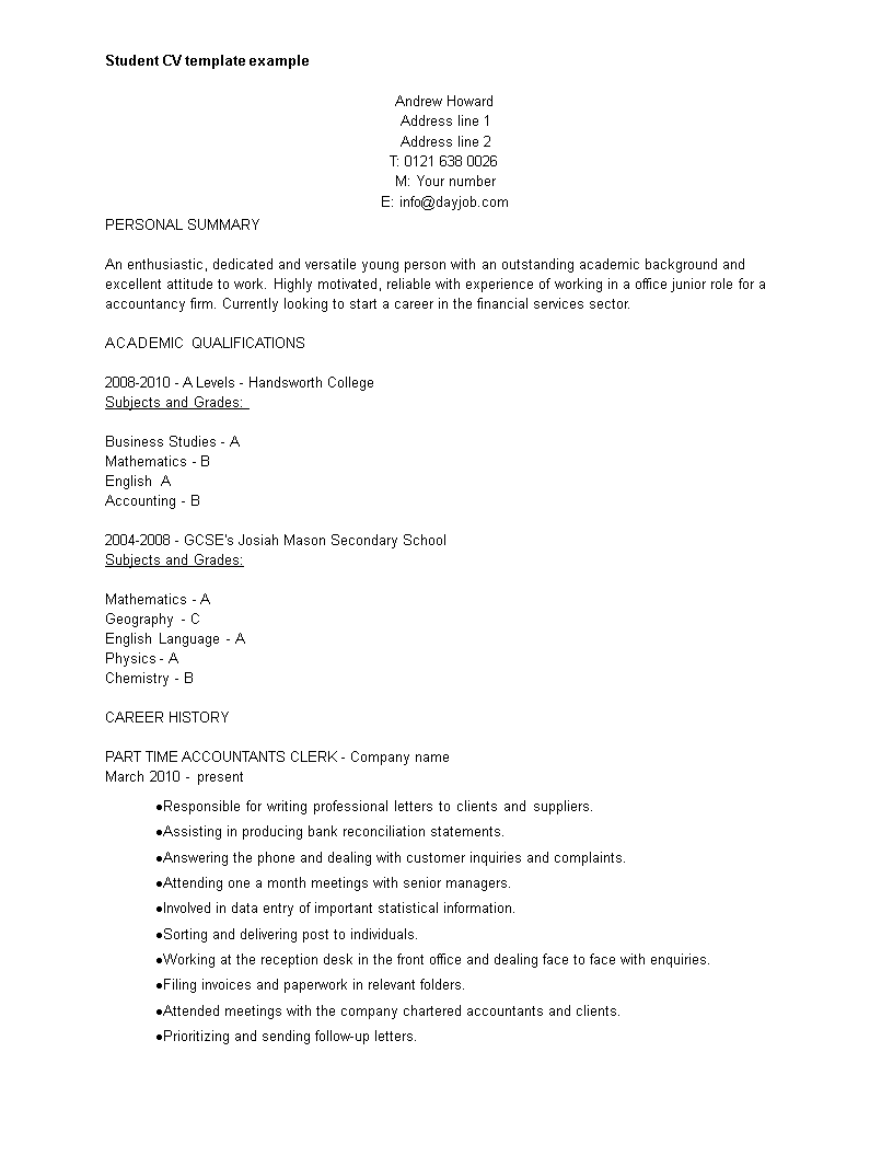 student curriculum vitae voorbeeld afbeelding 