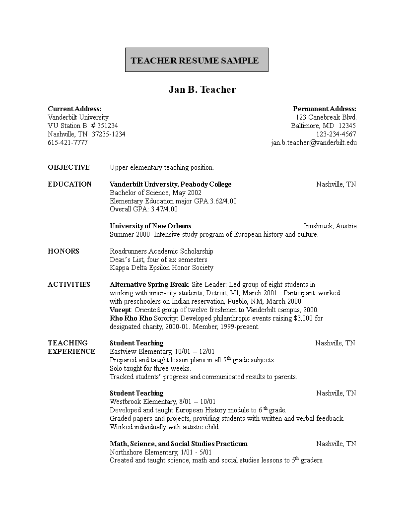 resume format for teacher job in school