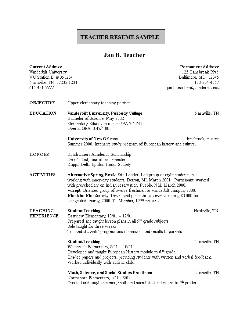 resume of teacher in word format