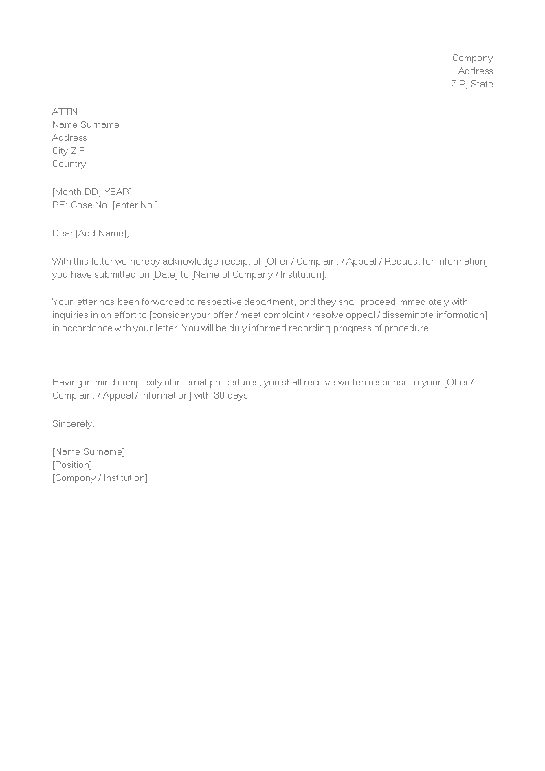 payment receipt acknowledgement letter template