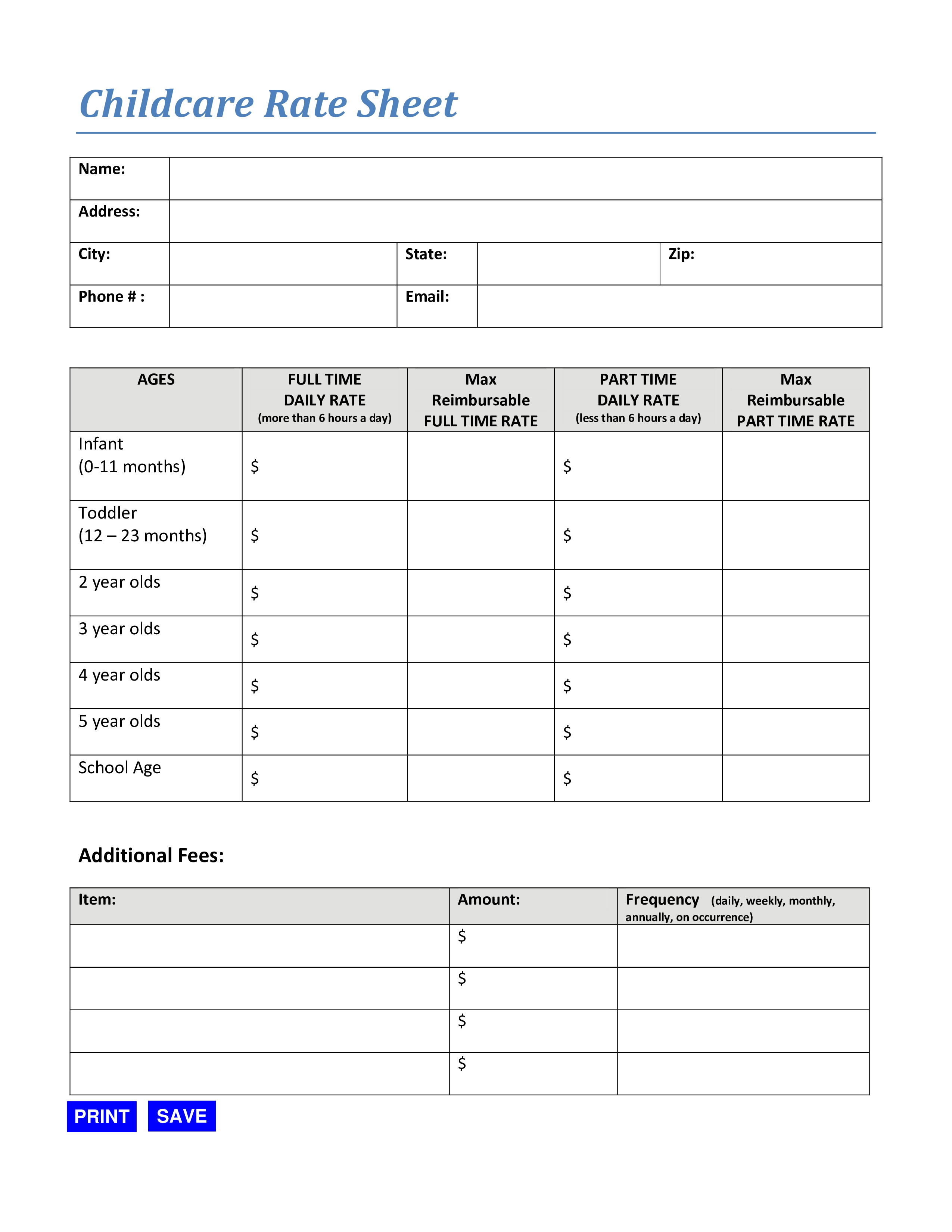 childcare rate sheet modèles