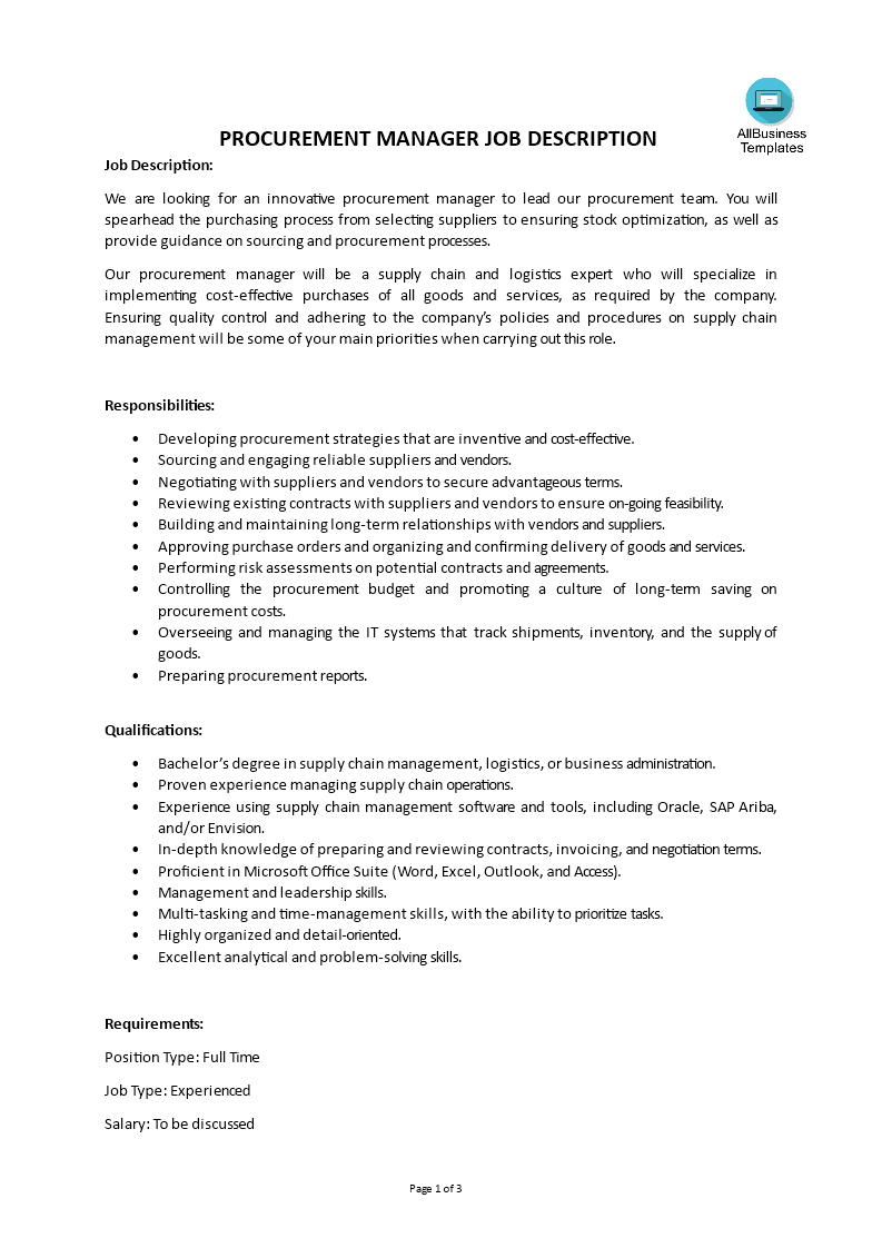 International procurement manager job description