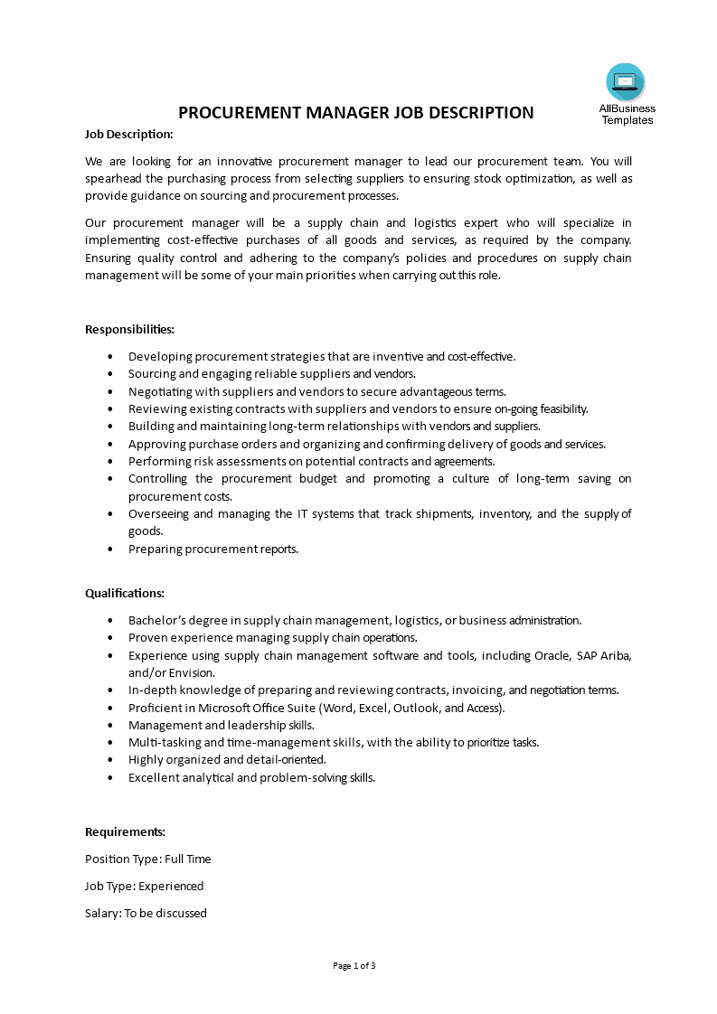 procurement manager job description voorbeeld afbeelding 