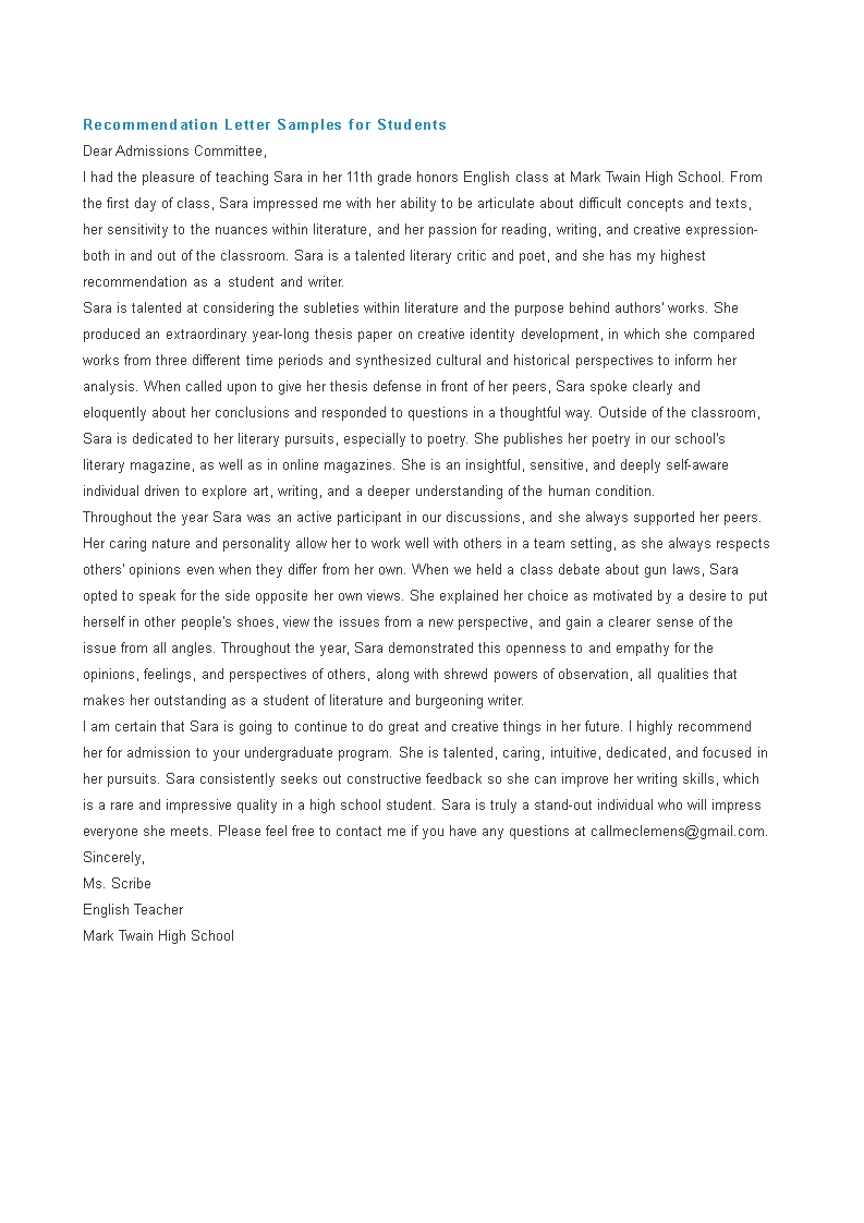 personal letter of recommendation for college template