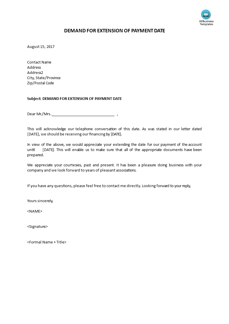 demand letter for extension of payment date voorbeeld afbeelding 