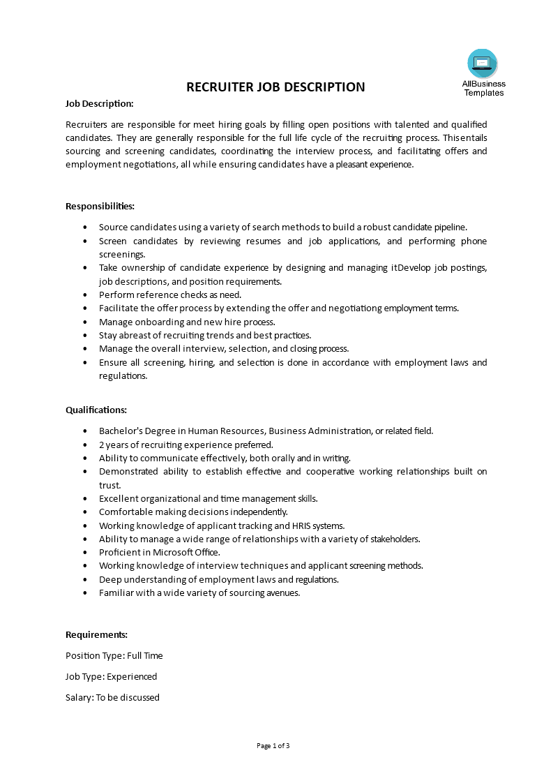 Kostenloses Recruiting Manager Job Description