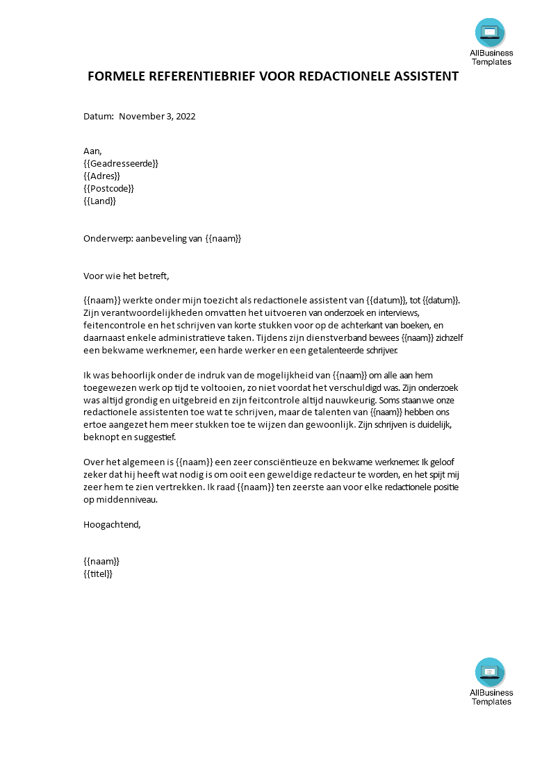 formele aanbevelingsbrief template