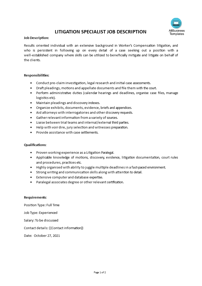 Litigation Specialist Job Description 模板