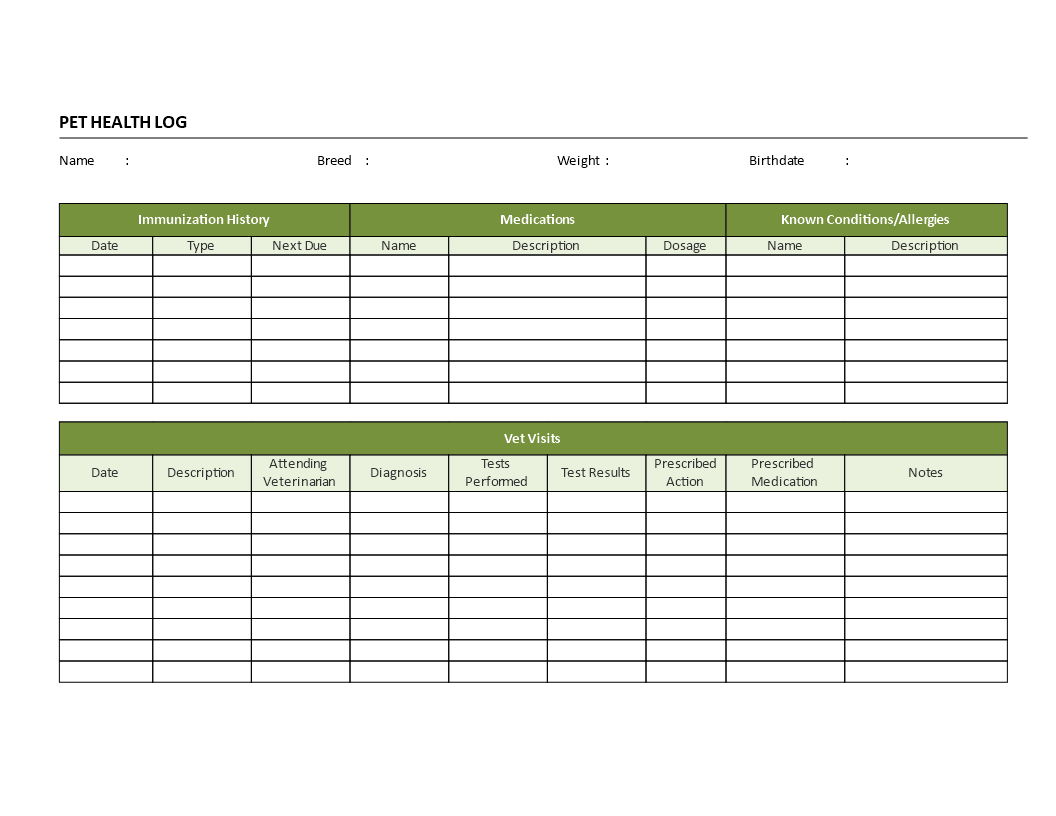 pet health log spreadsheet modèles