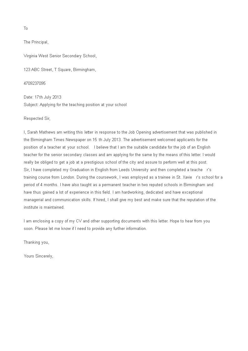 Secondary School Teacher Job Application Letter to the Principal 模板