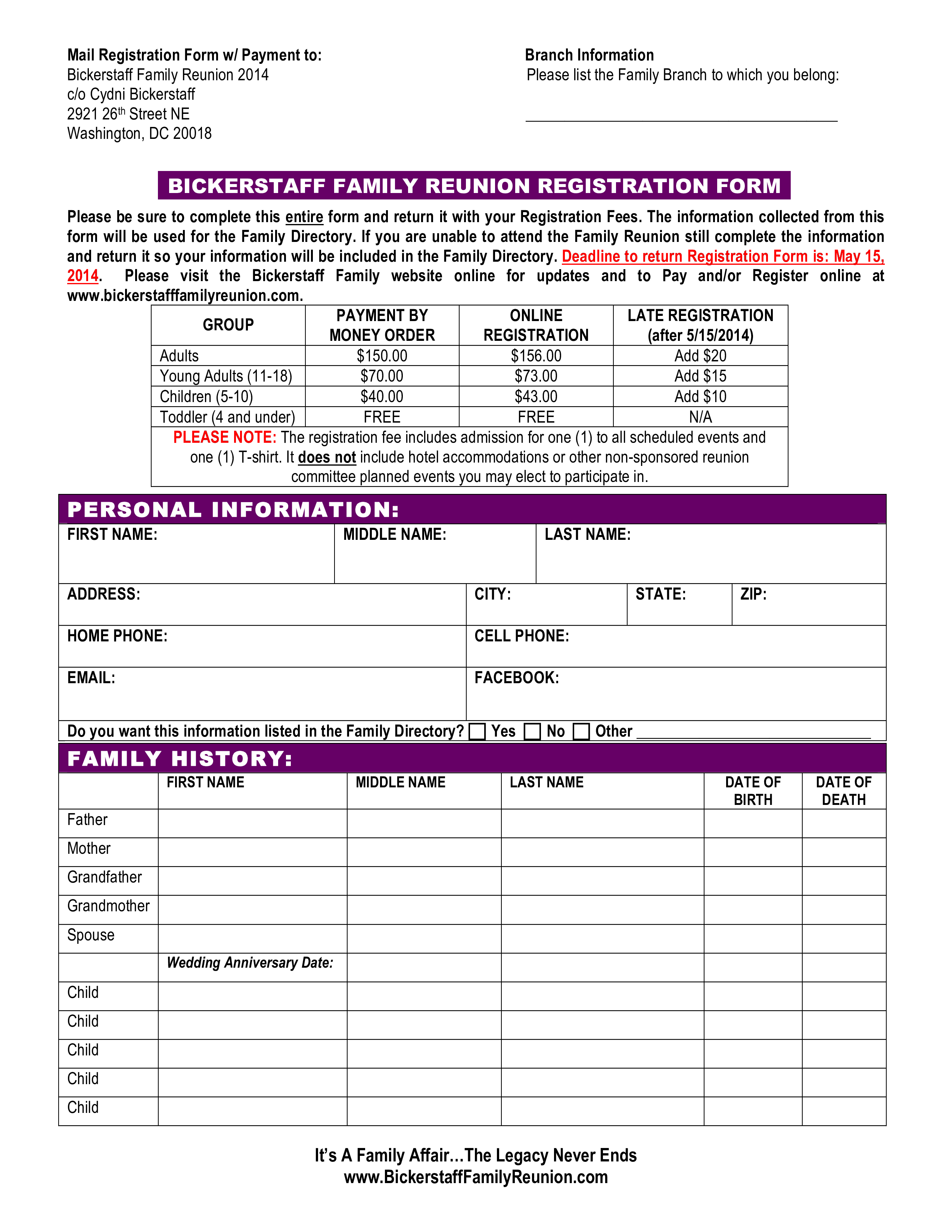 Family Reunion Registration Form Templates at