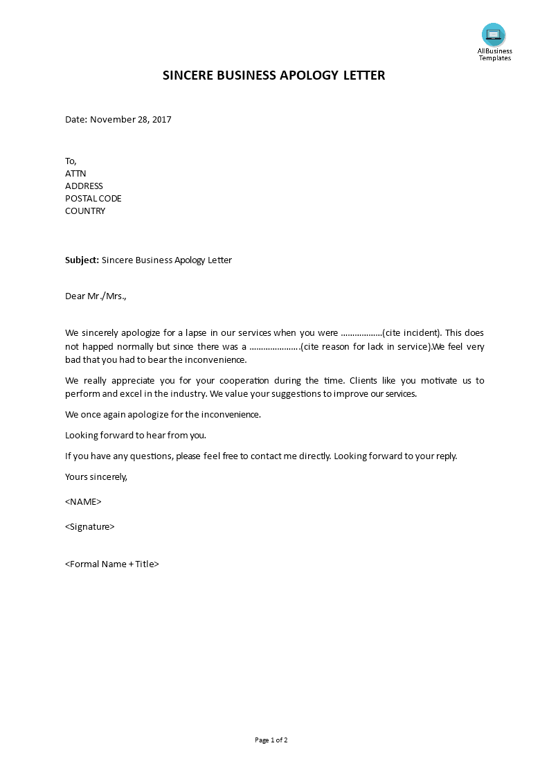sincere business apology letter template