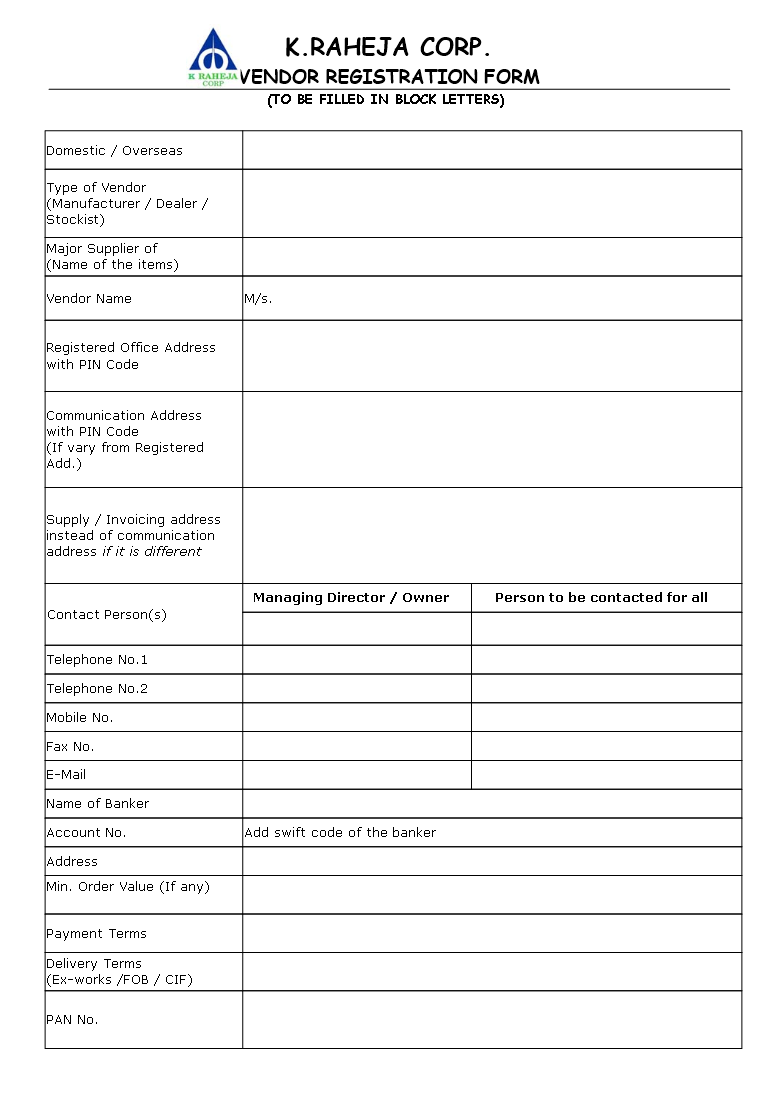 vendor registration form modèles