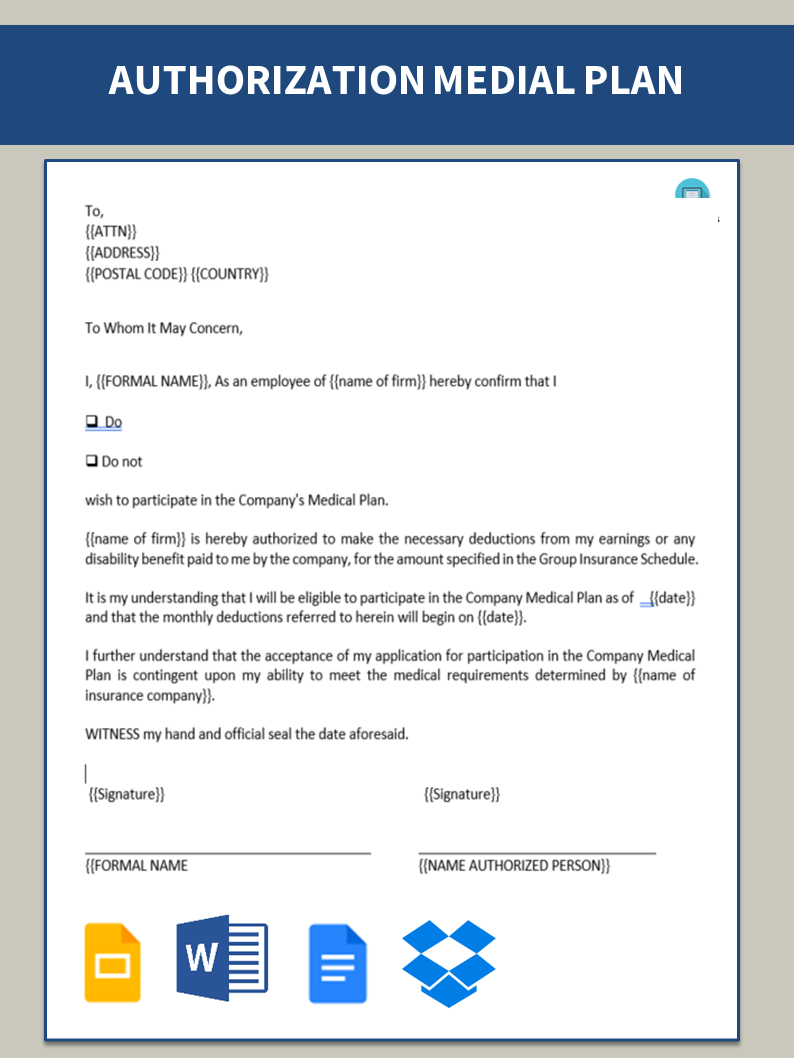 authorization to participate in a medical plan template