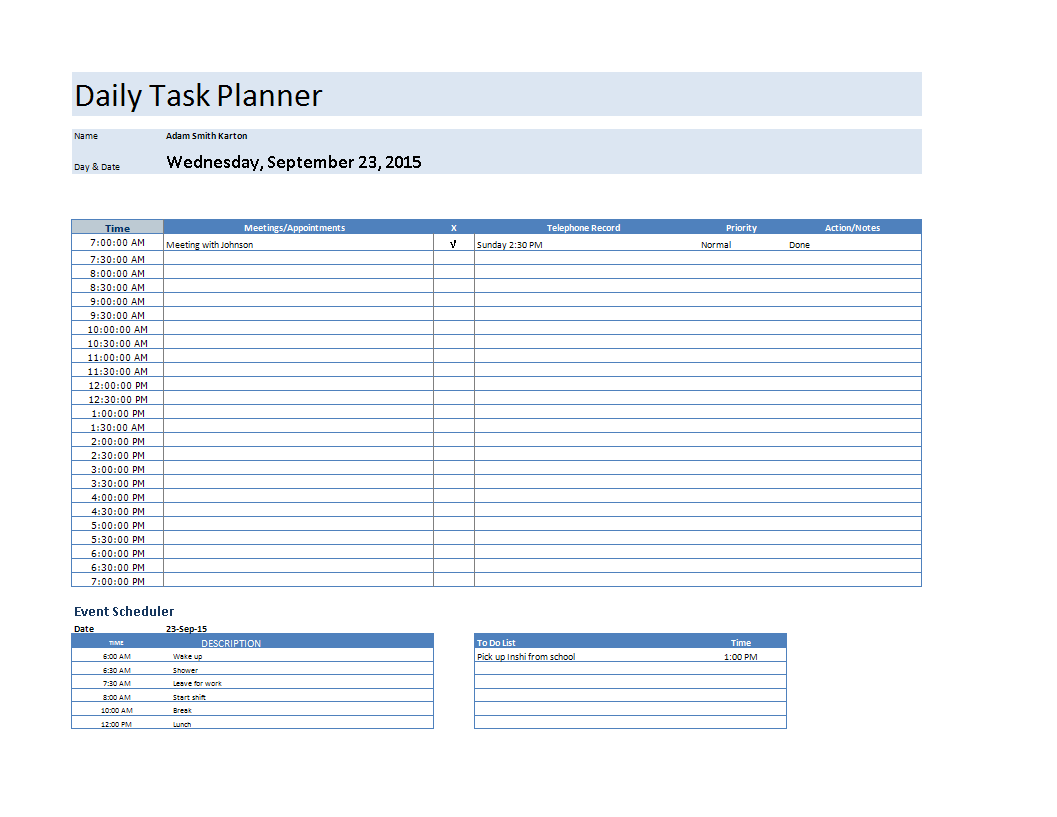 Excel Template Daily Calendar