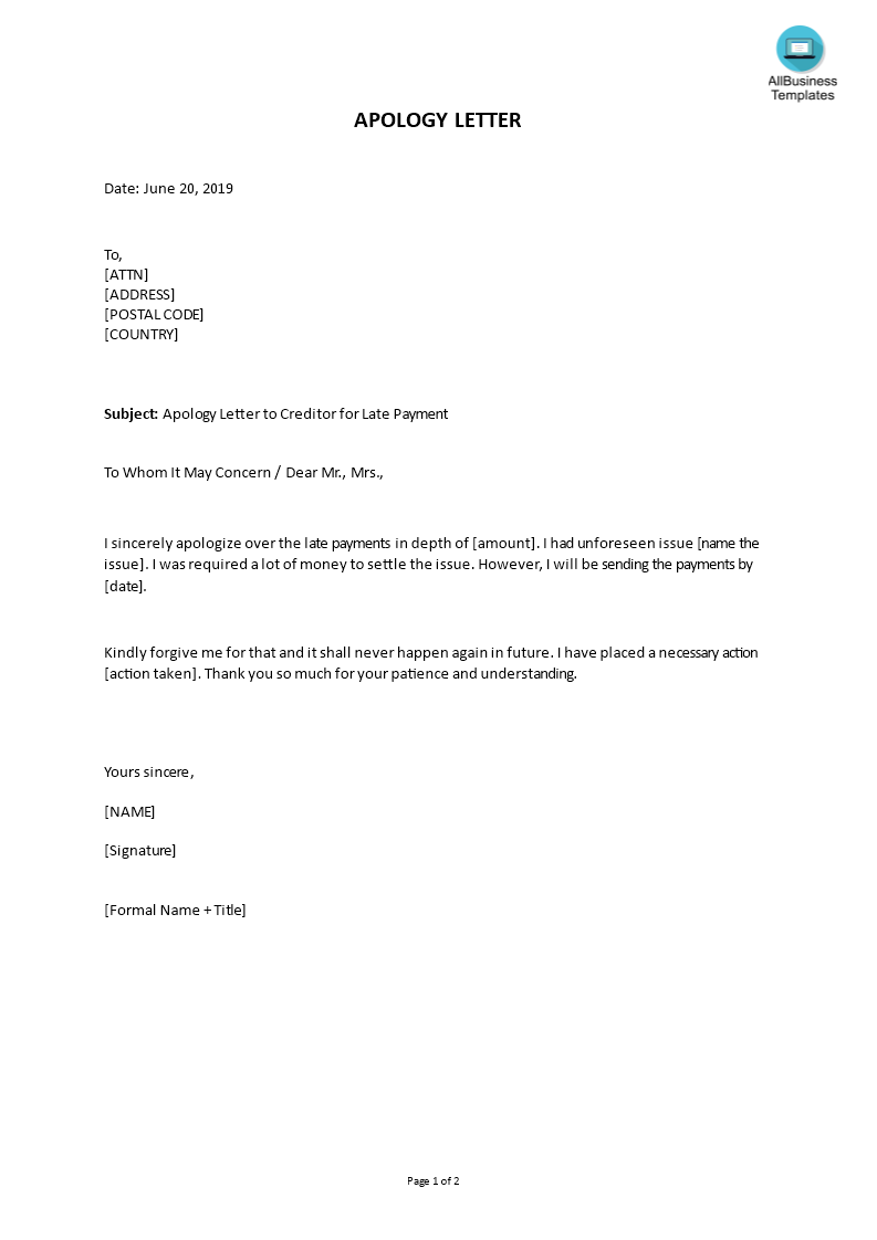 apology letter to creditor for late payment template