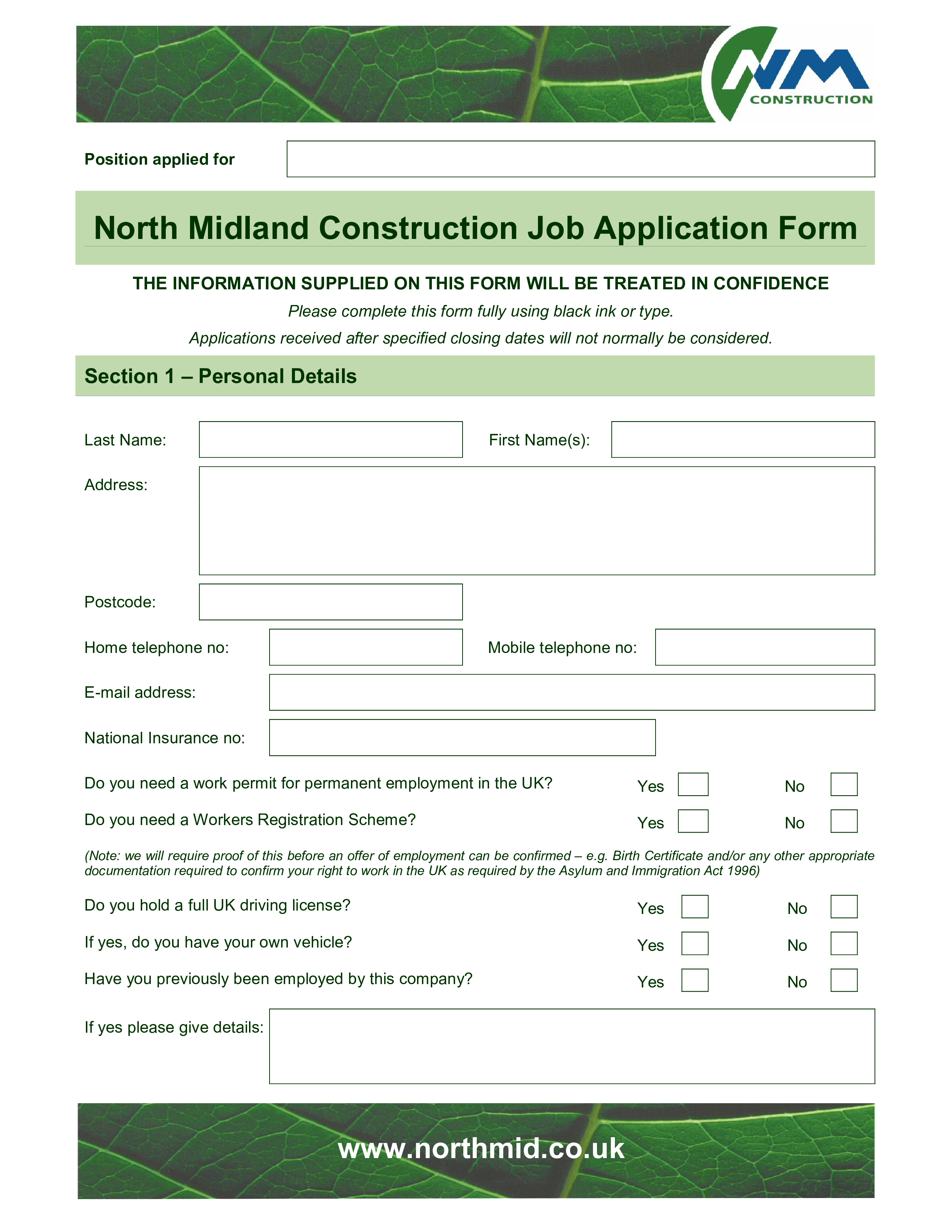 construction employee application form Hauptschablonenbild