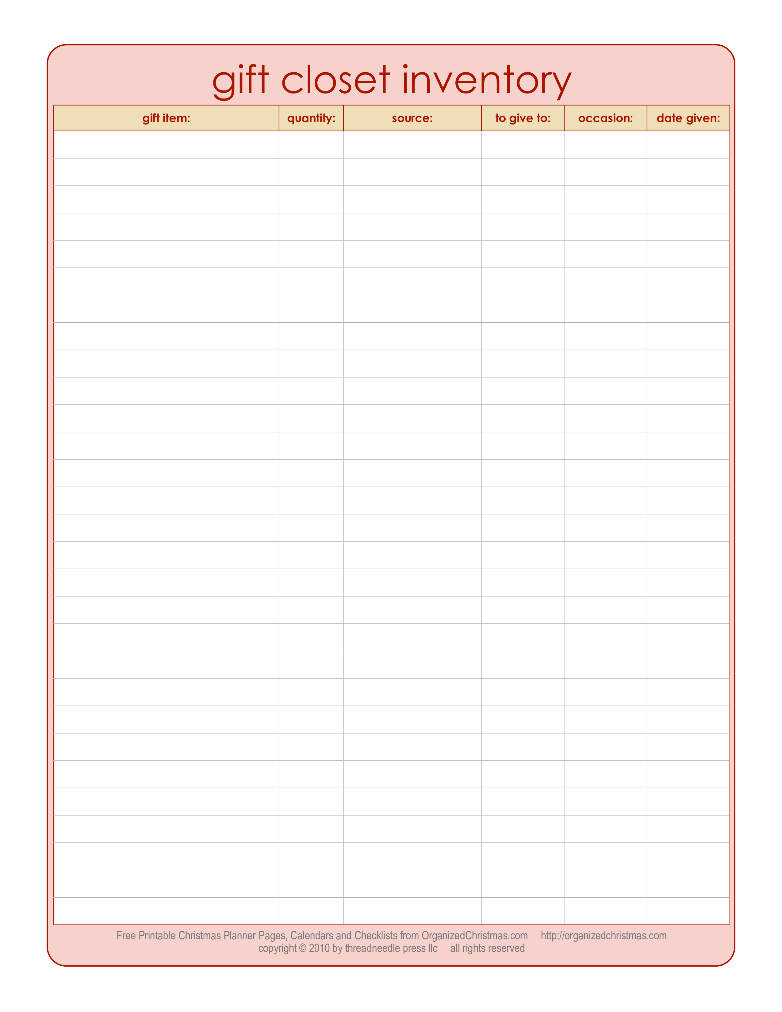 printable gift closet inventory template