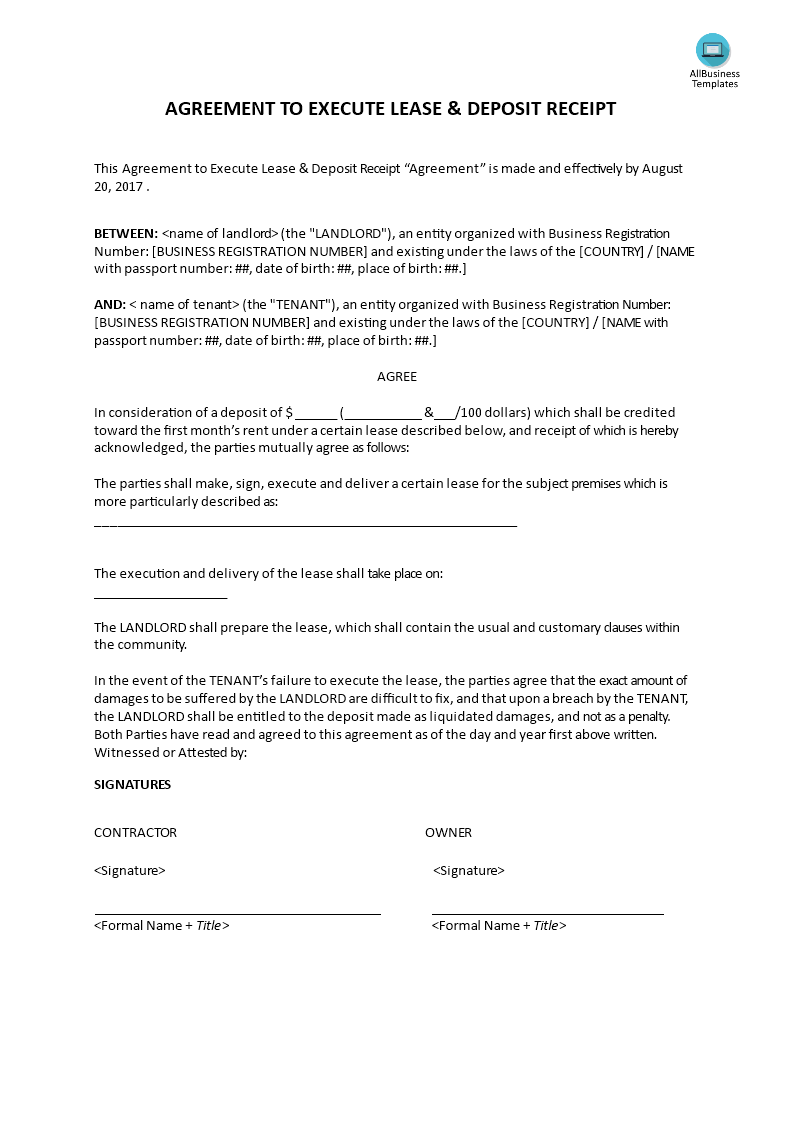 agreement to execute lease and deposit receipt template
