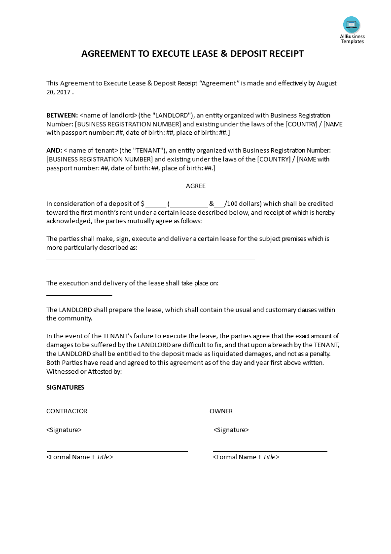 Agreement to execute lease and deposit receipt main image