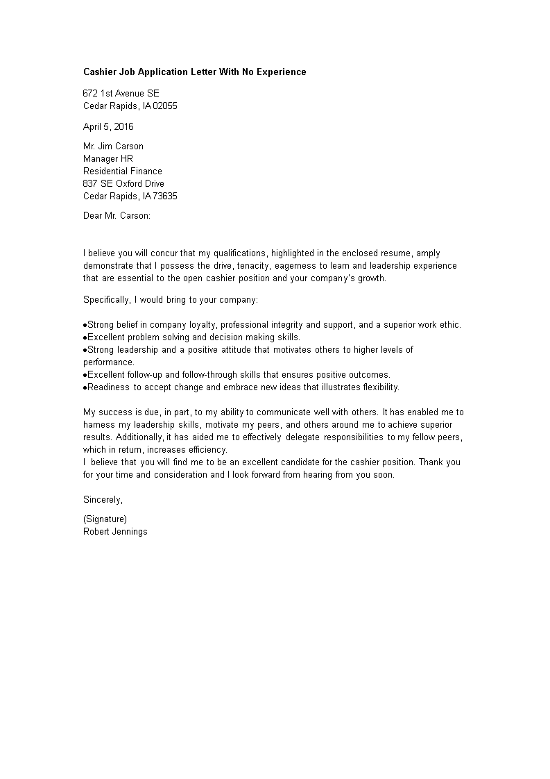 Cashier Job Application Letter With No Experience Templates At 