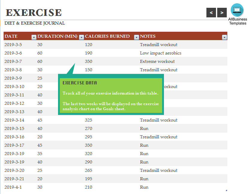 Exercise Calorie Chart