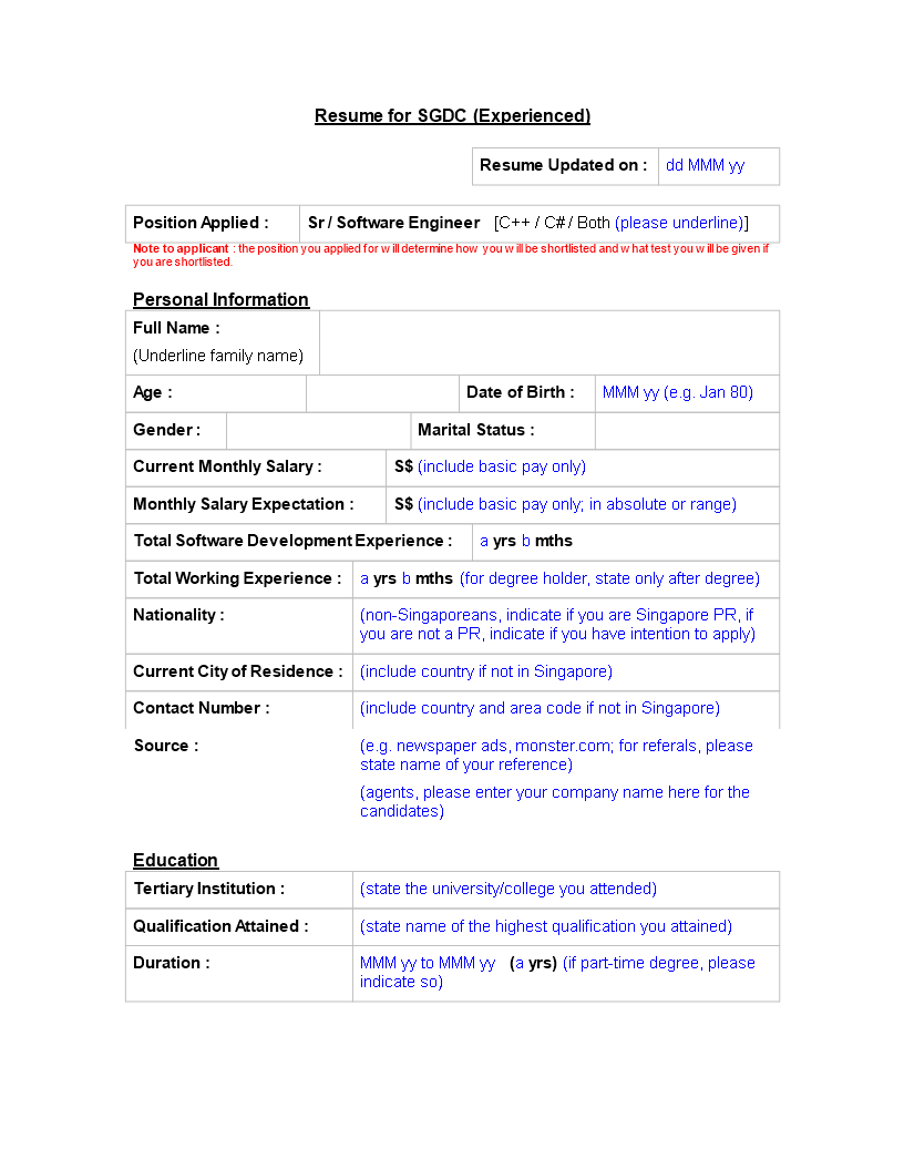 experience curriculum vitae format modèles