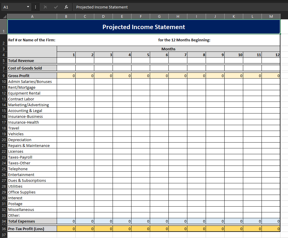 income statement projection excel voorbeeld afbeelding 