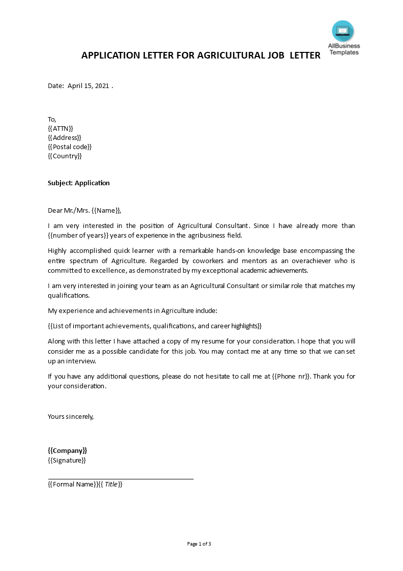 application letter for agricultural job Hauptschablonenbild