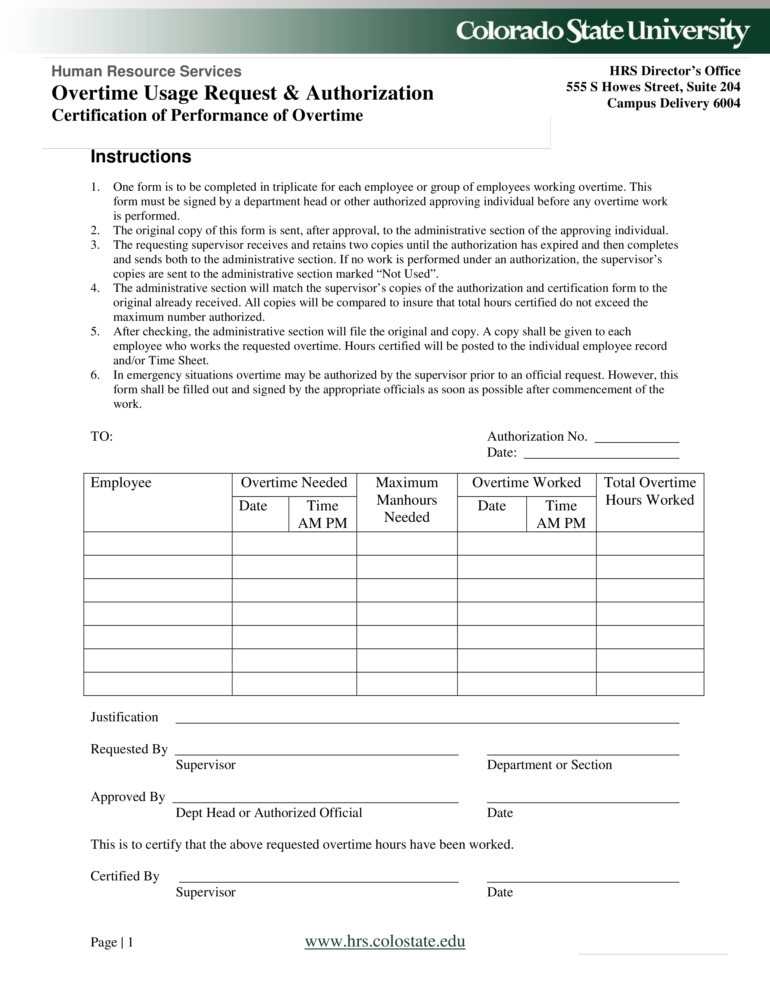 Overtime Usage Request Authorization Form main image