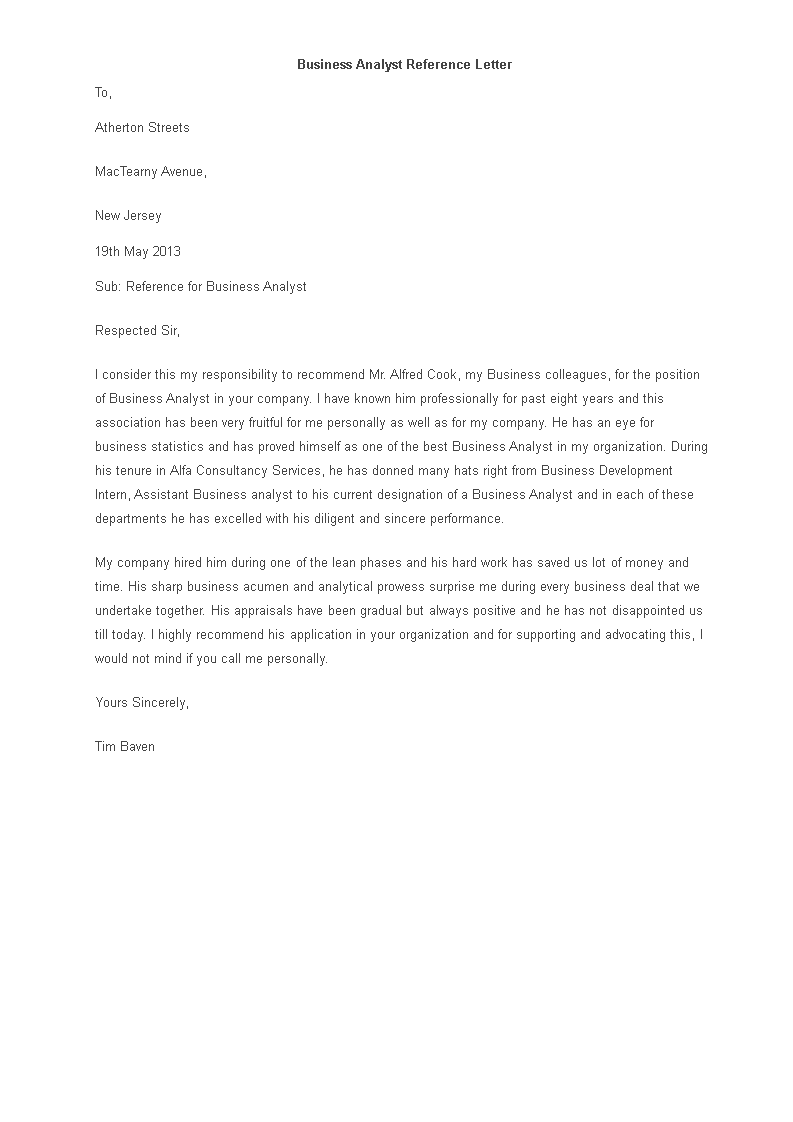 business analyst reference letter modèles