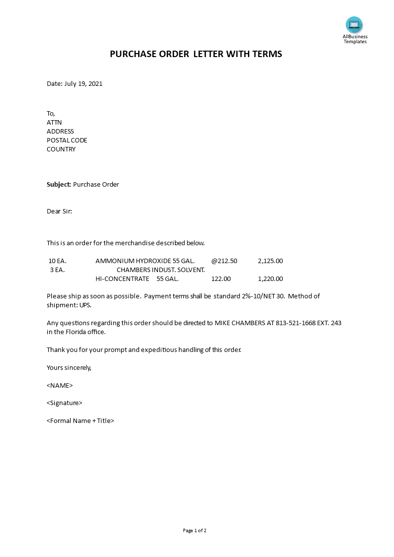 Purchase Order Letter With Terms main image